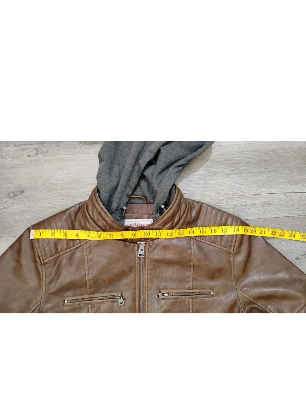 MEN'S LEVI STRAUSS GENTLY WORN FAUX LEATHER HOODED RACER JACKET BROWN SIZE M
